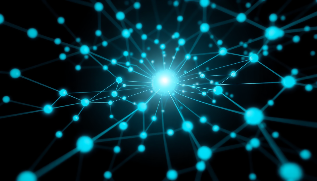 Abstract glowing cyan intelligence network radiating from a central AI core into branching operational pathways