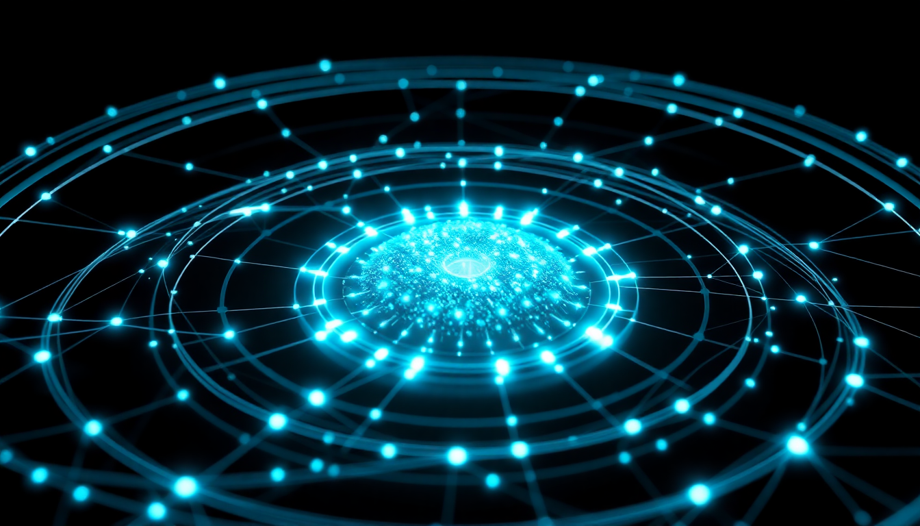 Multiple glowing data streams converging into one operational core surrounded by orbiting rings of connected enterprise systems