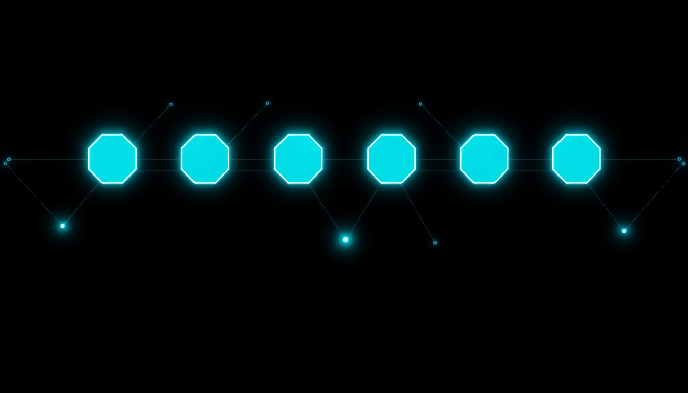 Six glowing cyan hexagonal nodes connected in a row representing distinct enterprise AI capability modules