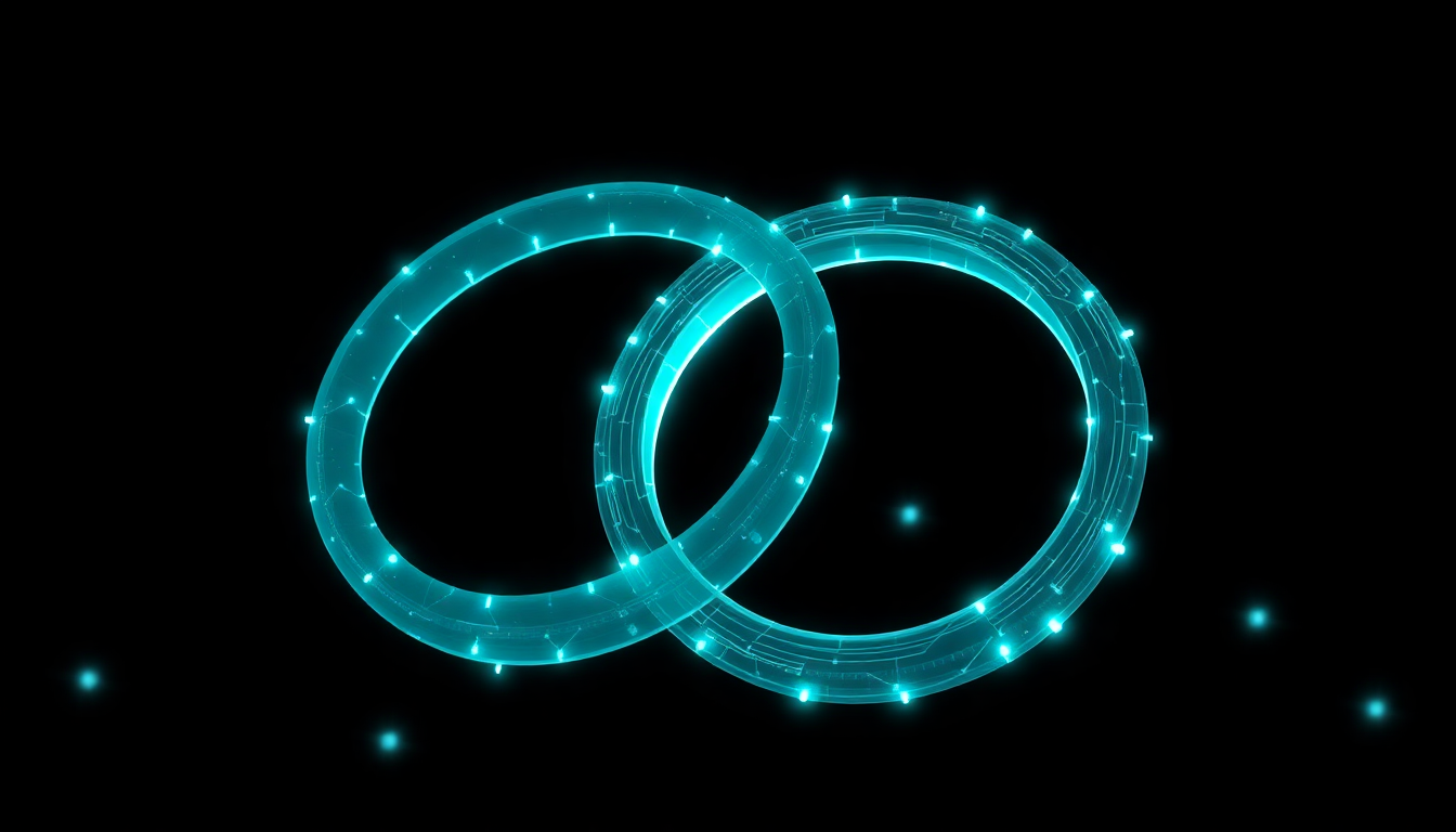 Interlocking glowing circuit rings and layered geometric fragments assembling into one stable structure representing AI engineering