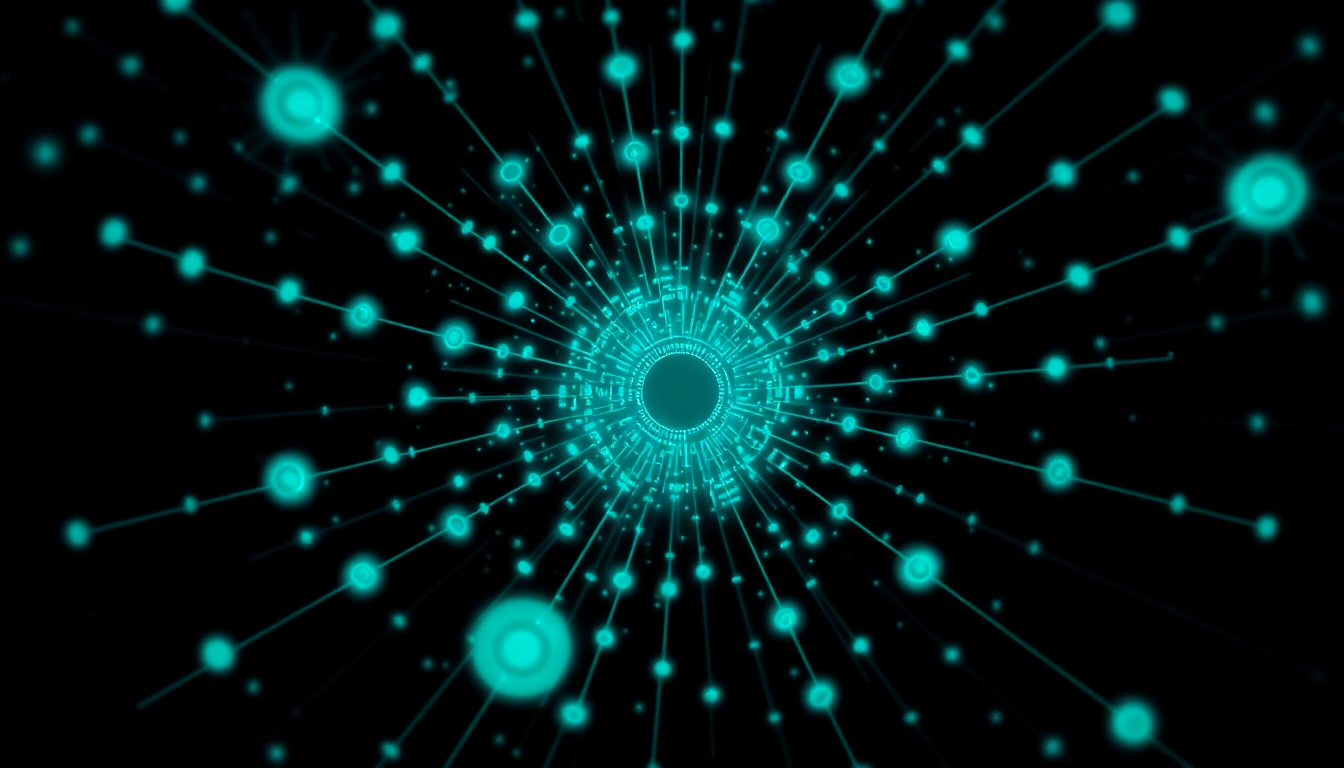 Abstract glowing network of interconnected industry sector nodes radiating from a central data core