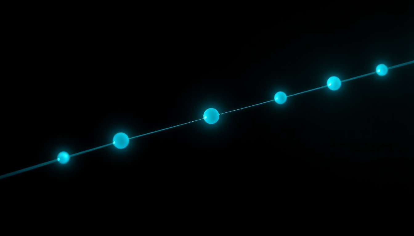 Five connected glowing nodes in a rising light trail representing a progression from data to context to AI to action to outcome