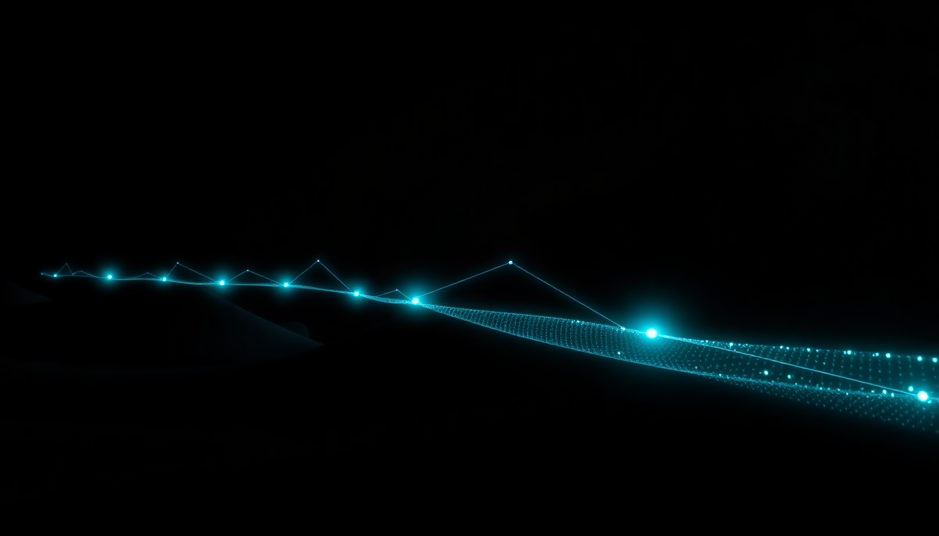 A continuous glowing circuit path connecting six waypoint nodes representing a staged enterprise AI workflow