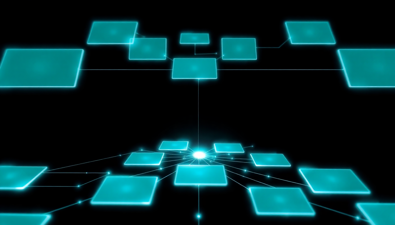 Abstract floating grid of translucent cyan panels connected to a central pulsing node representing an AI assistant embedded in workflows