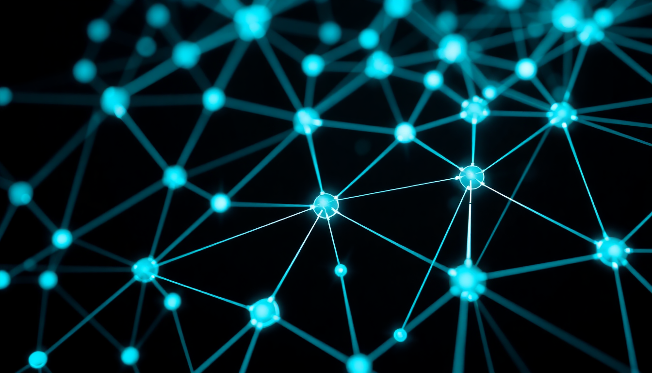 Abstract interconnected glowing cyan nodes and threads on black background
