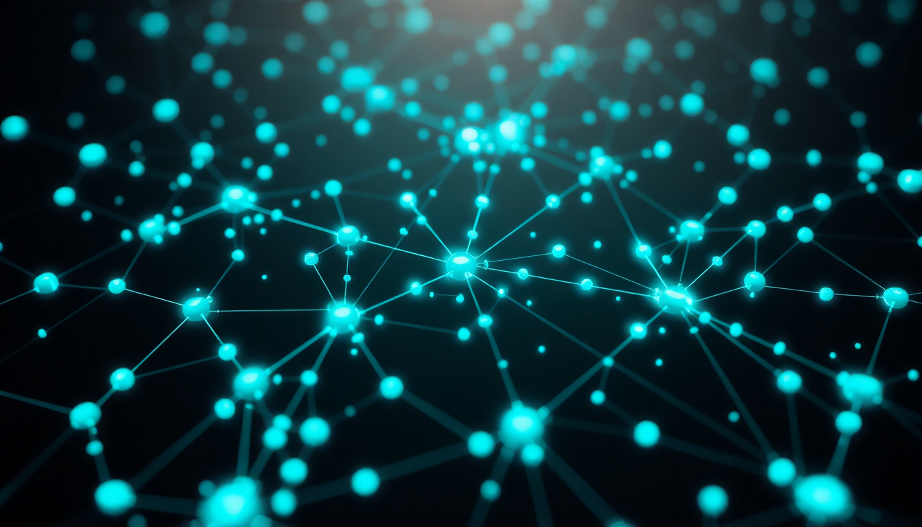 Abstract glowing cyan network of connected data and AI nodes on a black background, representing enterprise operational intelligence