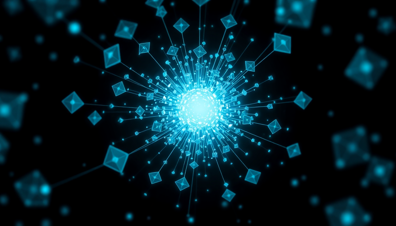 Abstract cluster of glowing cyan crystal data nodes converging into a bright central intelligence core on a black background