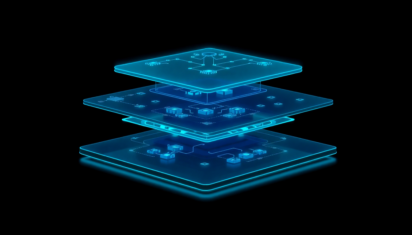 Abstract layered translucent glowing cyan platform structure representing an enterprise data and operational intelligence architecture