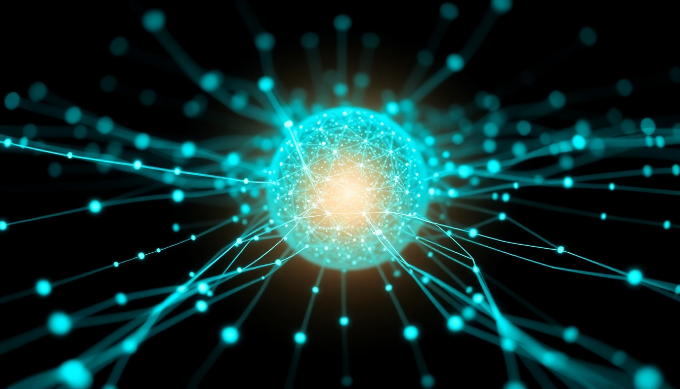 Abstract glowing cyan data pipeline network on black background