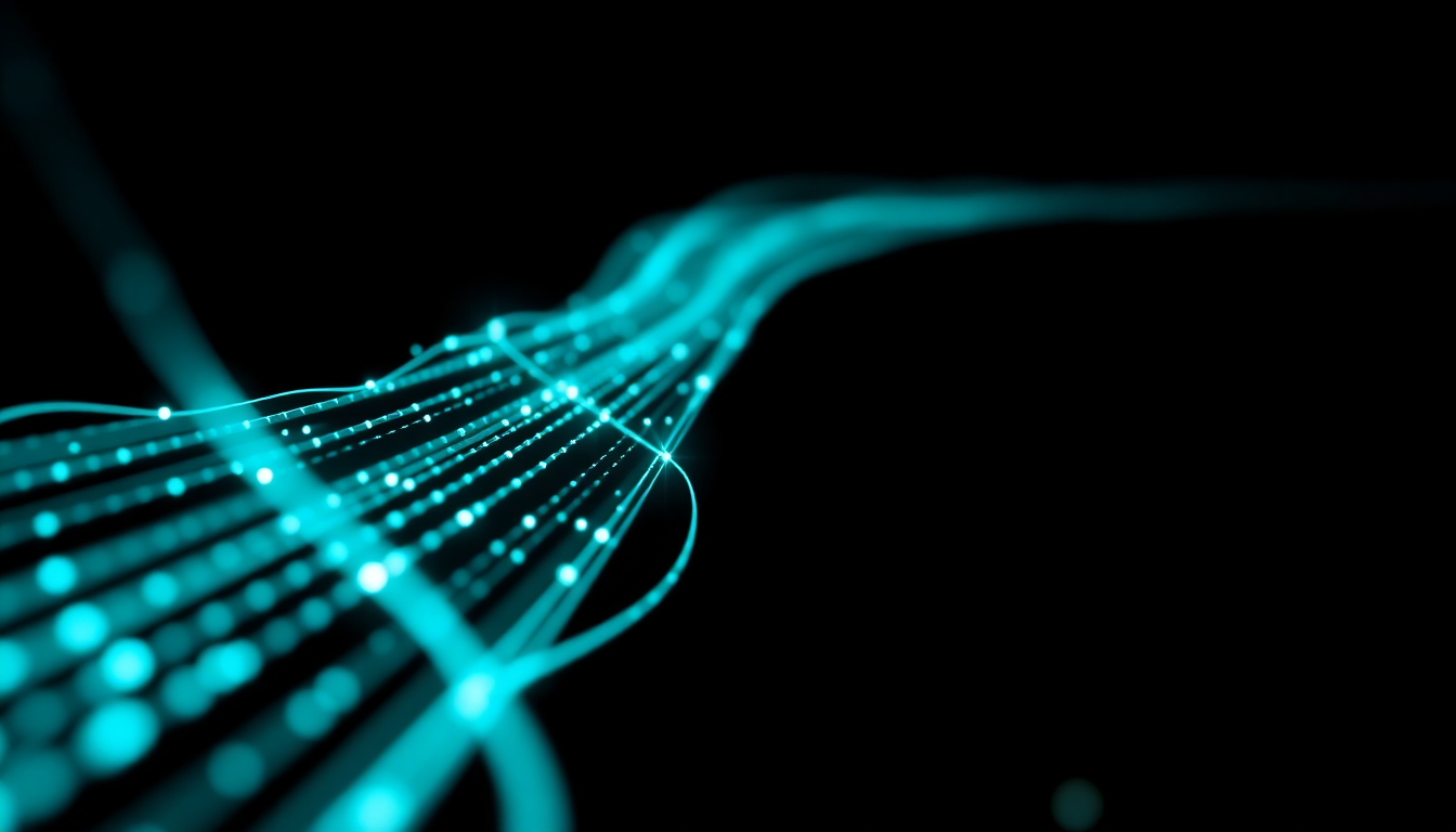 Parallel glowing cyan data pipeline strands with pulsing monitoring signal nodes on black background