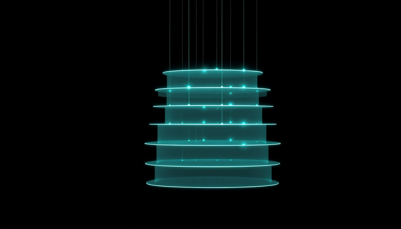 Abstract stack of six glowing translucent layers connected by vertical light beams representing a layered AI architecture