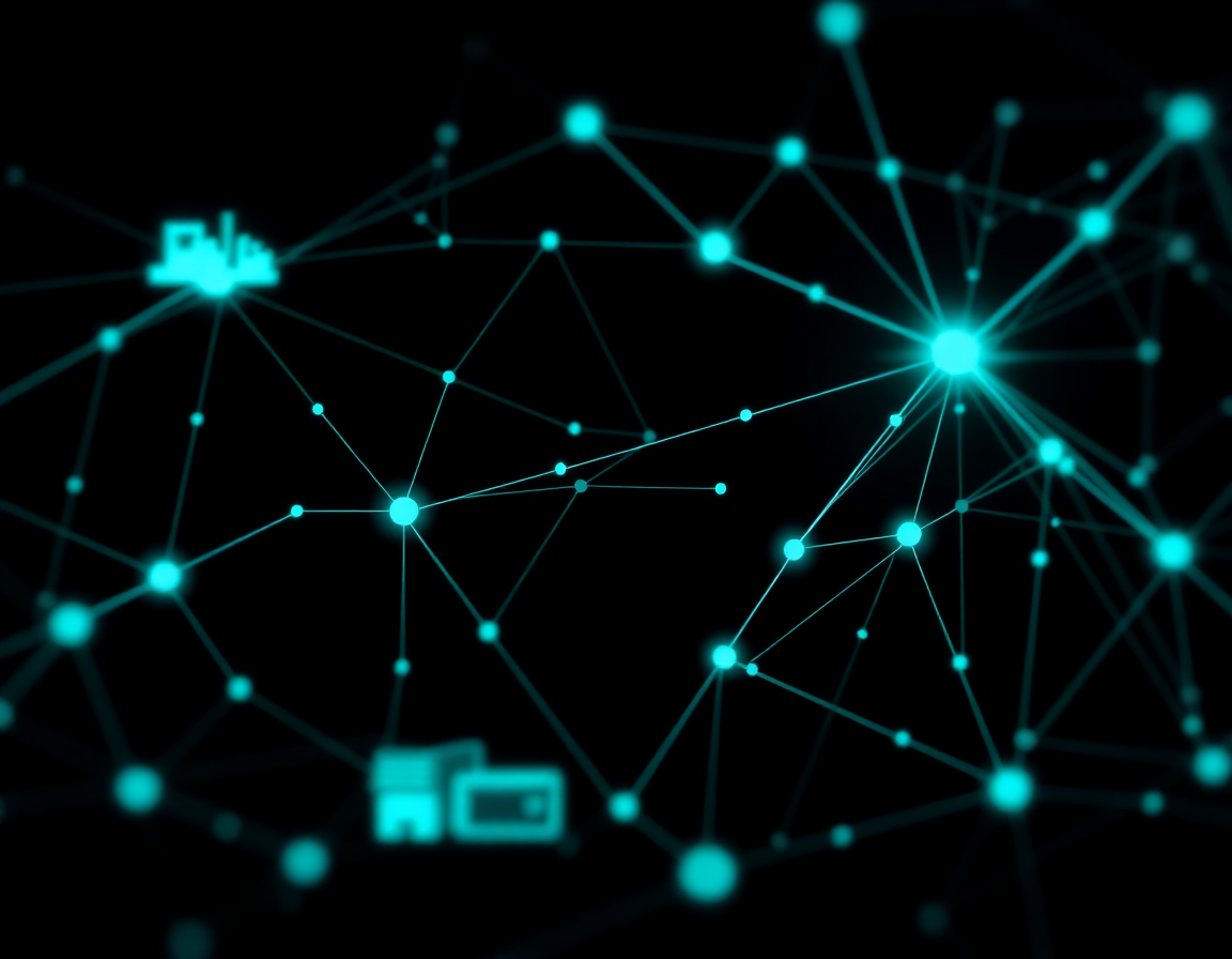Abstract glowing teal supply chain and logistics network converging into one data stream