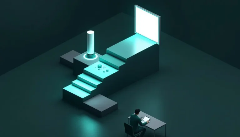 Engineer at a desk beside stepping stones rising from data to Ontology to apps, the path to becoming a Palantir Foundry developer