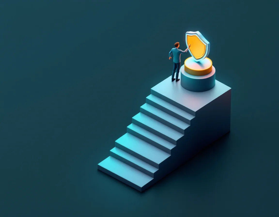 Engineer climbing a staircase to a certification badge, representing Foundry Aware, Associate and Specialist exams