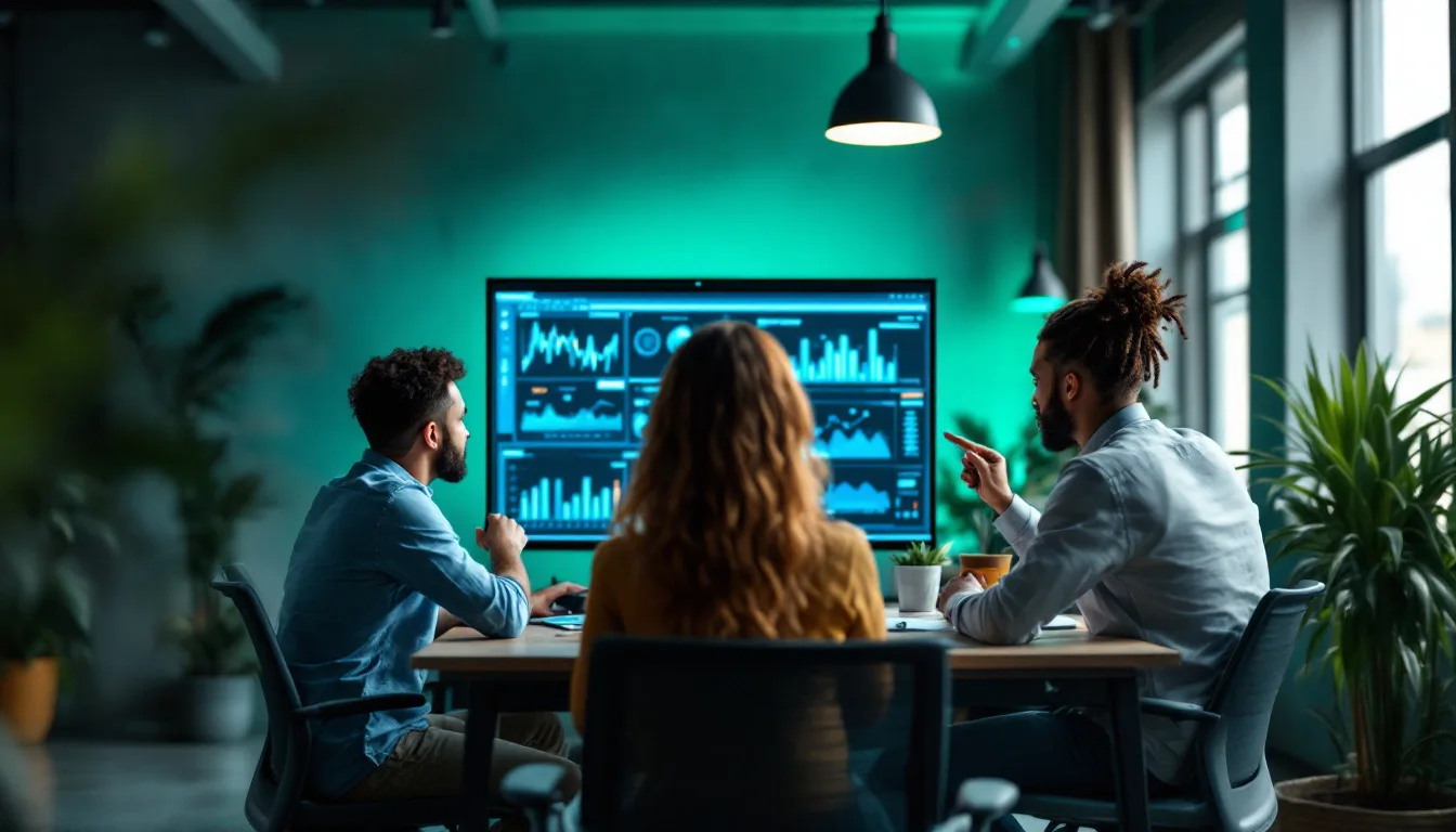 A small engineering team reviewing data graphs together on a large screen