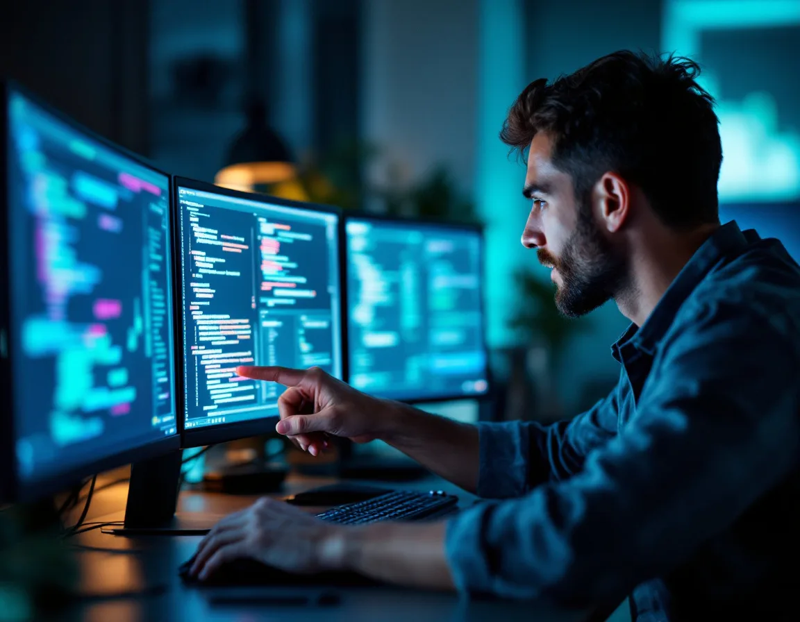 Mentor and engineer pair programming at a workstation