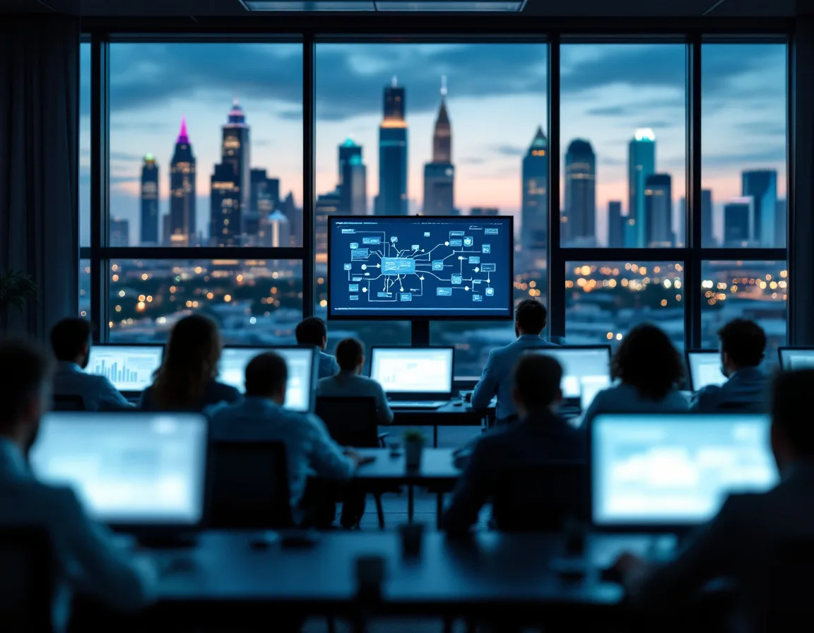 Learners at laptops in an instructor-led technical classroom with a city skyline through the windows