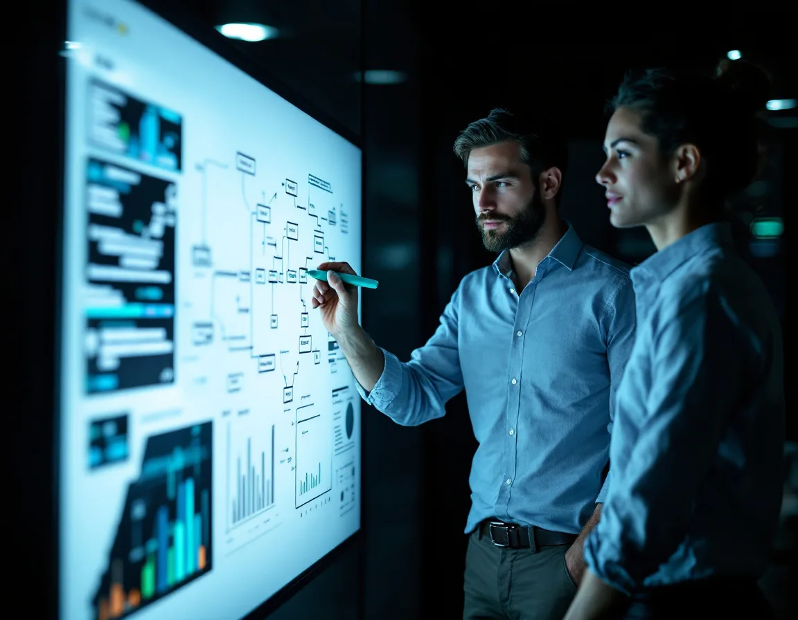 Two practitioners mapping a data pipeline on a digital whiteboard