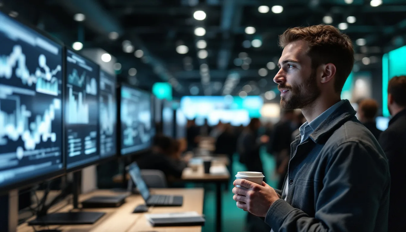 A professional at a technology conference looking at data displays, with attendees networking behind him