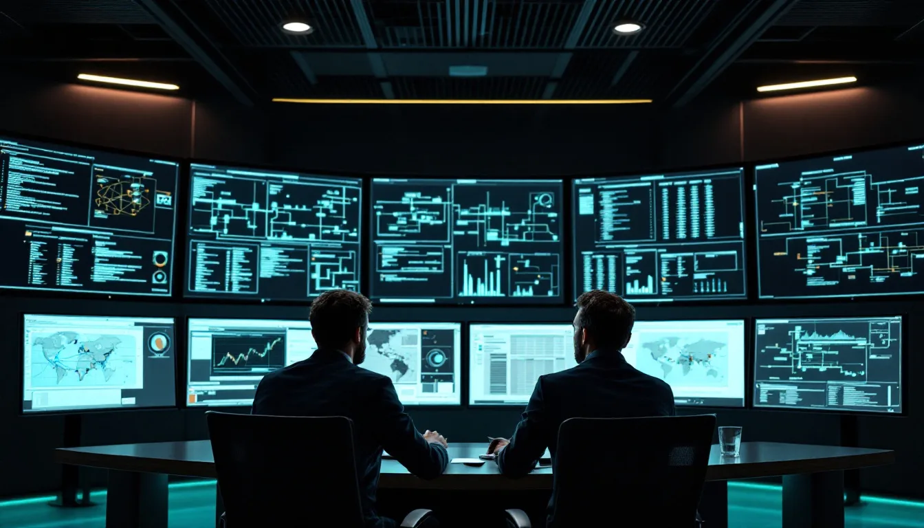 Analysts in an operations control room in front of large screens showing maps and network graphs