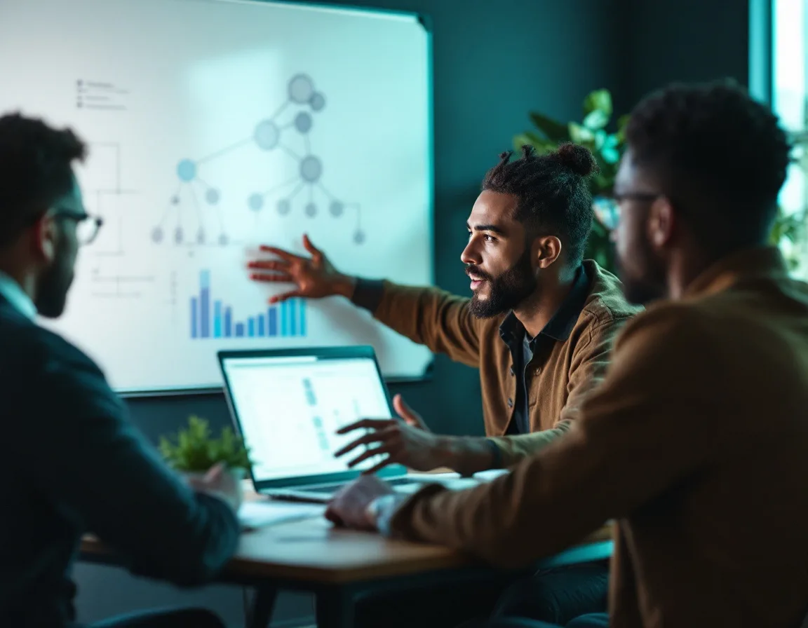 An engineer presenting a solution to two reviewers during a technical assessment