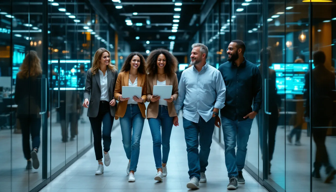 A team of engineers walking together through a modern glass-walled office