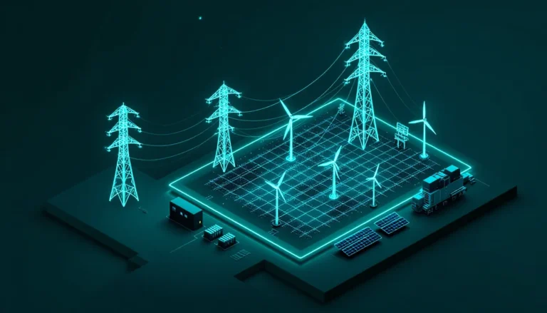 Power grid with transmission towers, wind turbines, and solar mirrored by a Palantir Foundry digital twin for utilities