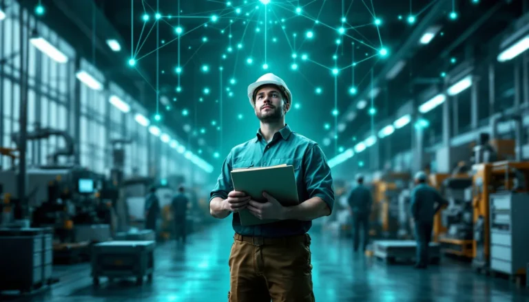 Forward deployed engineer on a factory floor with operational data flowing into a connected Palantir data network