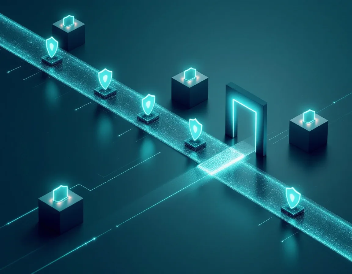 Markings traveling with data downstream while a discretionary gate controls access at one point