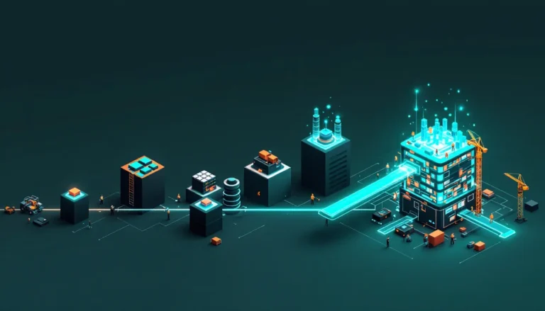 Palantir Foundry implementation shown as a data platform assembled in stages, from raw data to a working control center