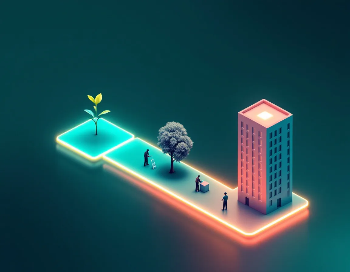 Path from a seedling to a tree to a finished building, representing a 90-day Foundry enablement plan