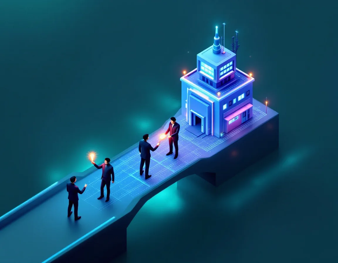 Delivery team handing a glowing baton to the client team on a bridge leading to a working control center