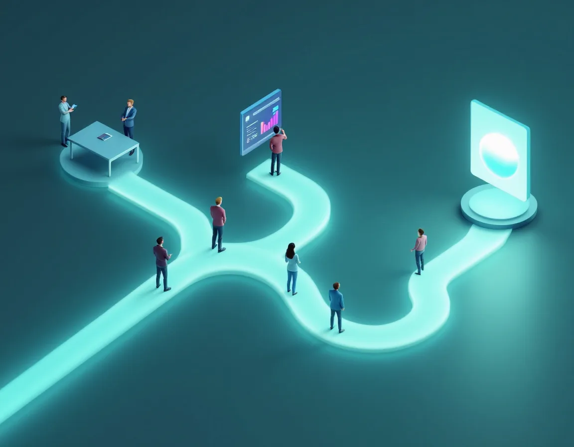 Team members following different training paths toward leadership, analytics, and AI destinations