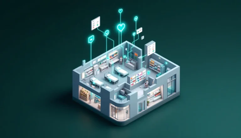 Palantir healthcare illustration connecting hospital beds, staffing, and pharmacy data into one operational hub