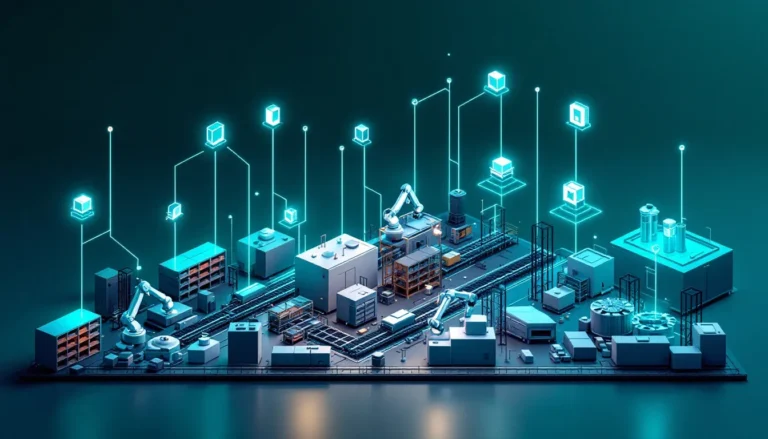 Factory machines and production lines connected to a Palantir Foundry Ontology of linked objects