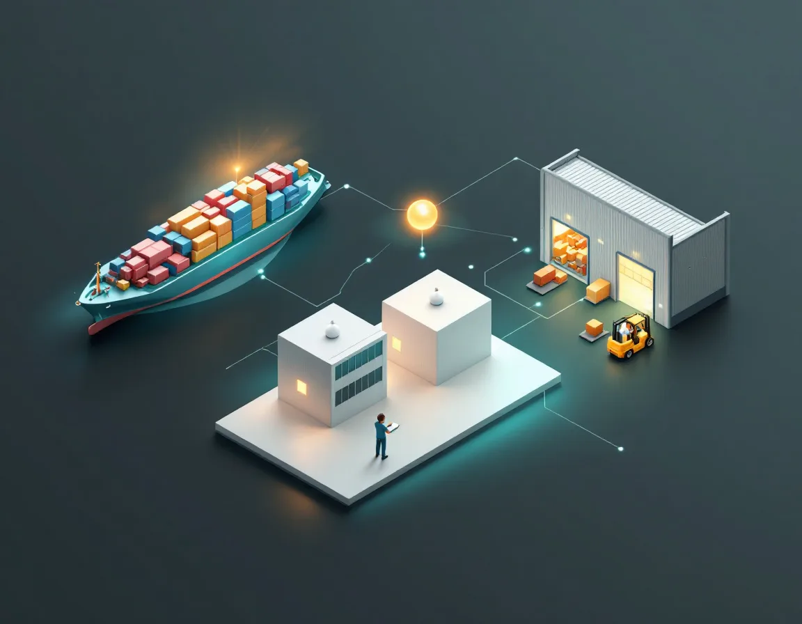 Delayed shipment decision flow from a cargo ship signal to linked warehouses, planner approval, and stock transfer