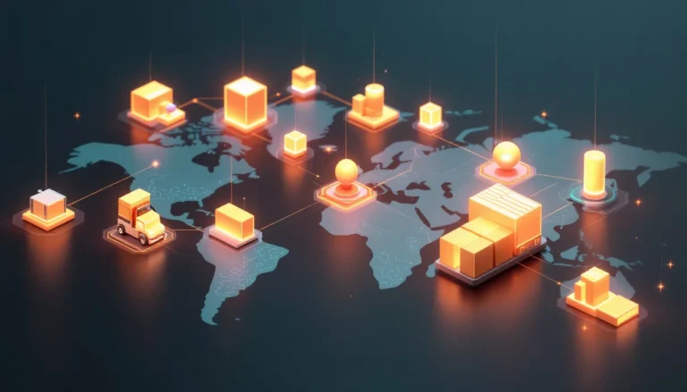 Palantir Ontology illustration of linked shipment, supplier, warehouse, and inventory objects over a world map