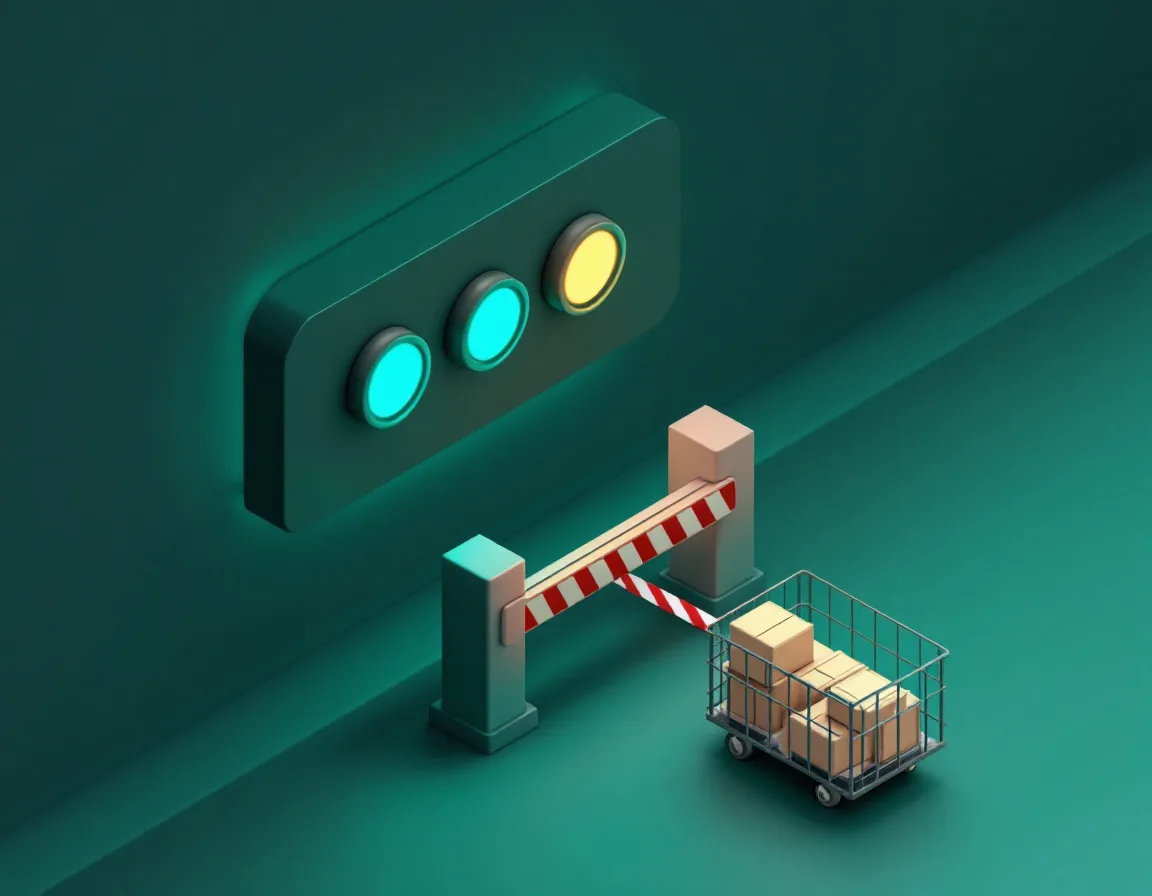 Five data health status lights with one warning and a gate blocking a bad build