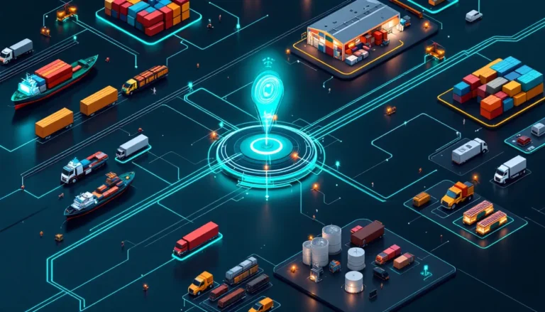 Palantir supply chain illustration of ships, trucks, and warehouses connected to one decision hub
