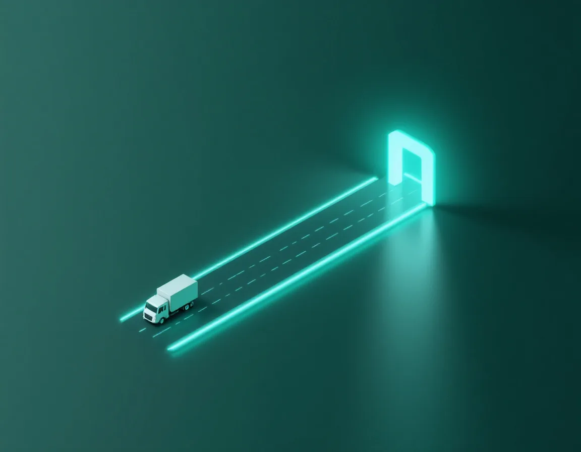 Truck moving along a glowing track toward a finish gate, representing a 90-day Palantir supply chain rollout