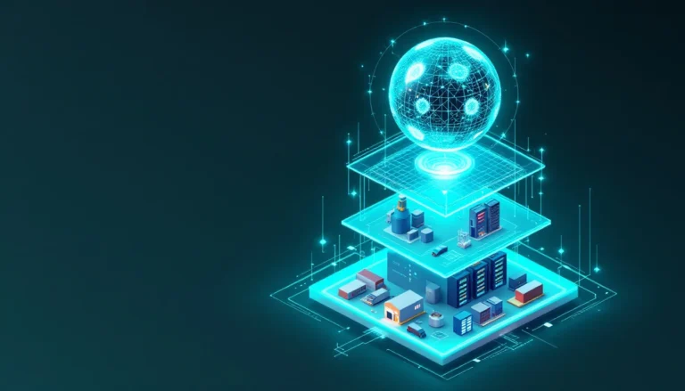 Palantir AIP illustration showing an AI core connected to layered enterprise data, warehouses, and operations