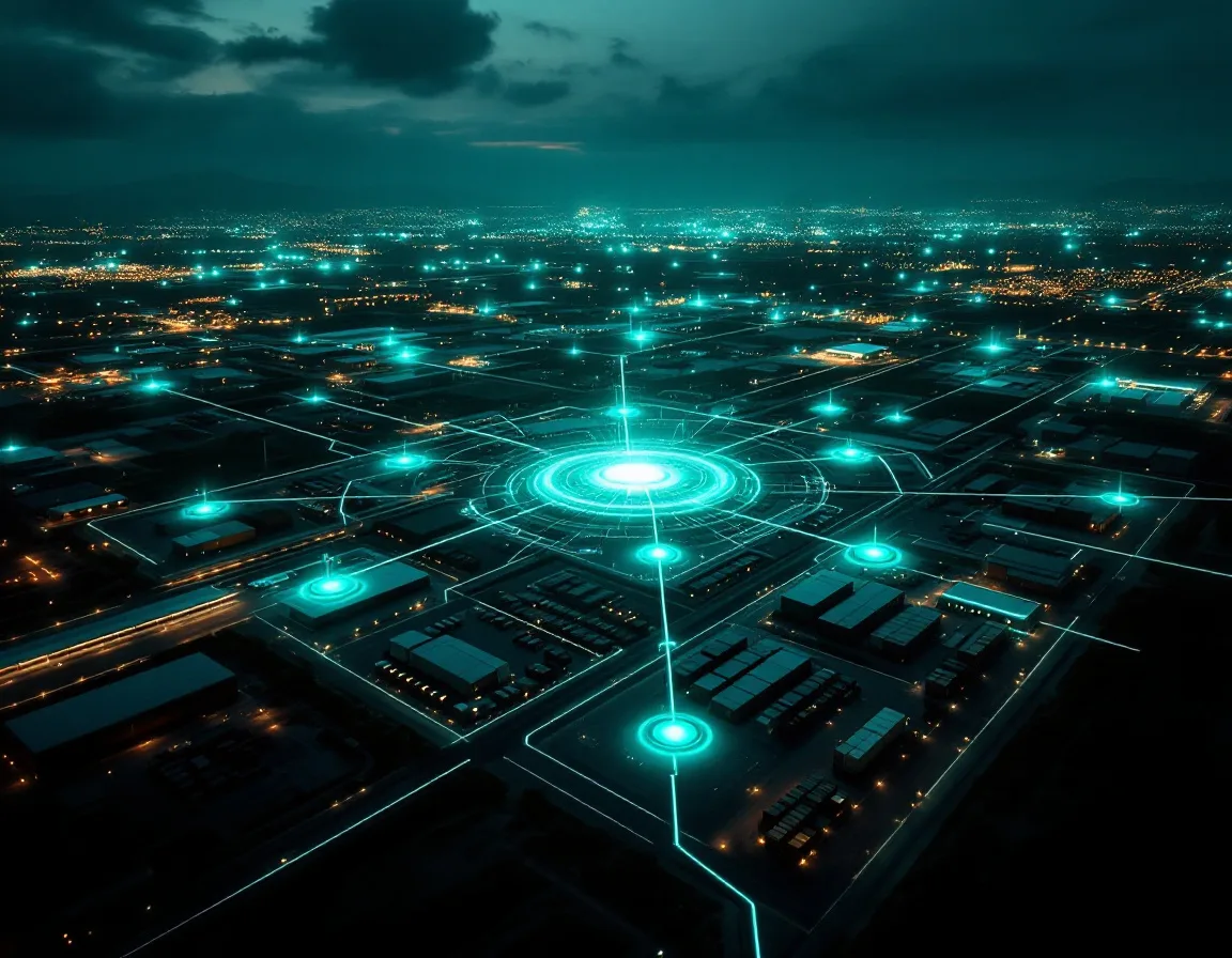 Global logistics network of warehouses linked into one control hub, illustrating unified supply chain visibility with AIP